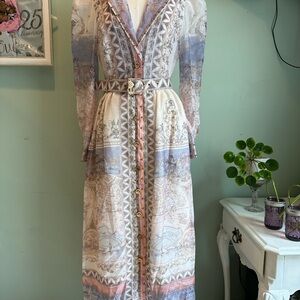 Pastel Map-Print Long Sleeve Maxi Dress in Soft Multi by